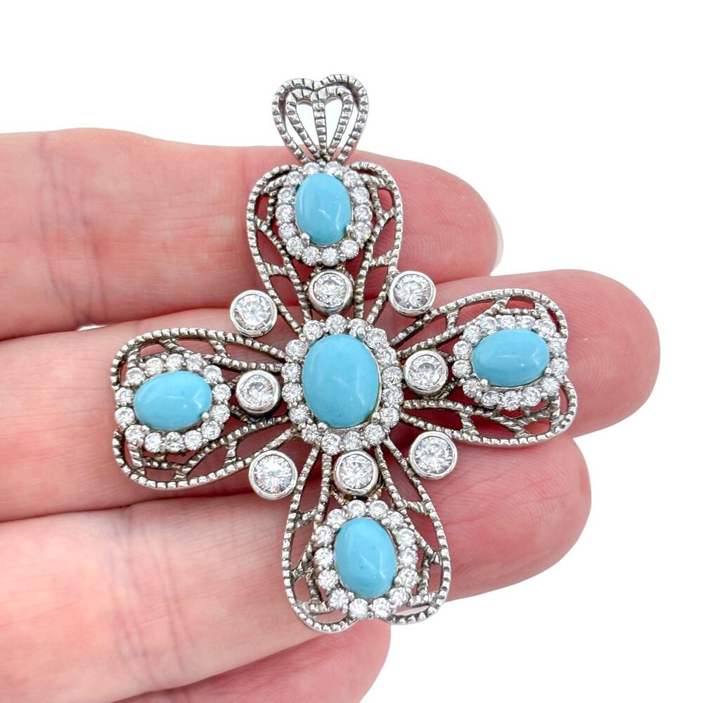 Vintage Sterling Silver 925 Turquoise Cubic Zirconia Cross Pendant